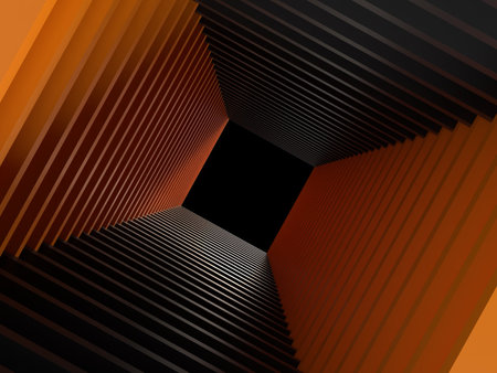 Abstract orange and black striped background. 3d rendering, 3d illustration. 3D illustration of a tunnel made up of countless boardsの写真素材