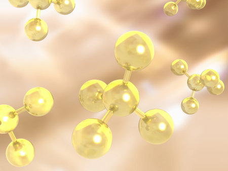 Molecular structure on blue background, 3d render illustration. 3D illustration of molecular model with elements bondedの写真素材