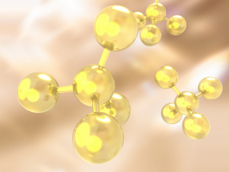 Molecular structure on blue background, 3d render illustration. 3D illustration of molecular model with elements bondedの写真素材