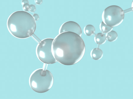 Molecular structure on blue background, 3d render illustration. 3D illustration of molecular model with elements bondedの写真素材