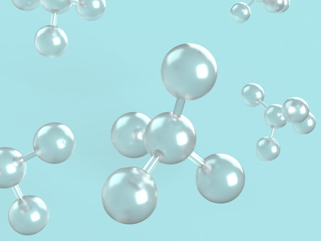 Molecular structure on blue background, 3d render illustration. 3D illustration of molecular model with elements bondedの写真素材