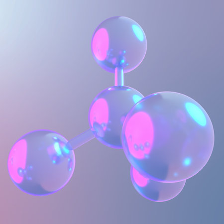 Molecular structure on blue background, 3d render illustration. 3D illustration of molecular model with elements bondedの写真素材