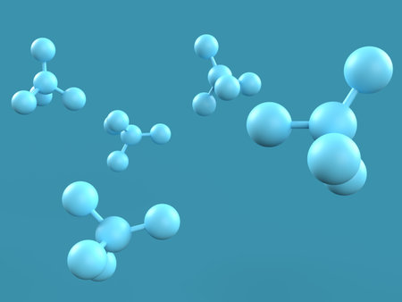 Molecular structure on blue background, 3d render illustration. 3D illustration of molecular model with elements bondedの写真素材