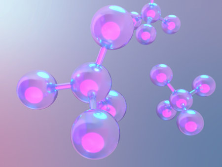 Molecular structure on blue background, 3d render illustration. 3D illustration of molecular model with elements bondedの写真素材
