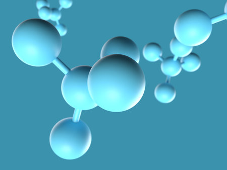 Molecular structure on blue background, 3d render illustration. 3D illustration of molecular model with elements bondedの写真素材