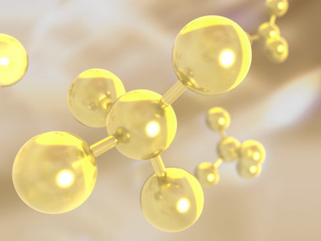 Molecular structure on blue background, 3d render illustration. 3D illustration of molecular model with elements bondedの写真素材