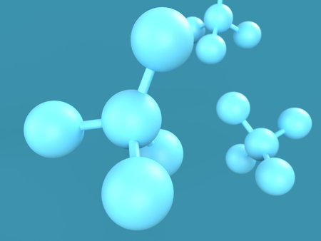 Molecular structure on blue background, 3d render illustration. 3D illustration of molecular model with elements bondedの写真素材