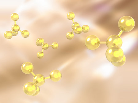 Molecular structure on blue background, 3d render illustration. 3D illustration of molecular model with elements bondedの写真素材