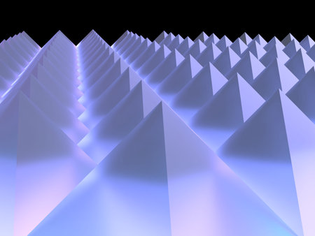 Abstract 3d rendering of chaotic polygonal structure. Futuristic background. 3D illustration of a background filled with pyramids and square pyramidsの写真素材