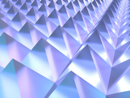 Abstract 3d rendering of chaotic polygonal structure. Futuristic background. 3D illustration of a background filled with pyramids and square pyramidsの写真素材