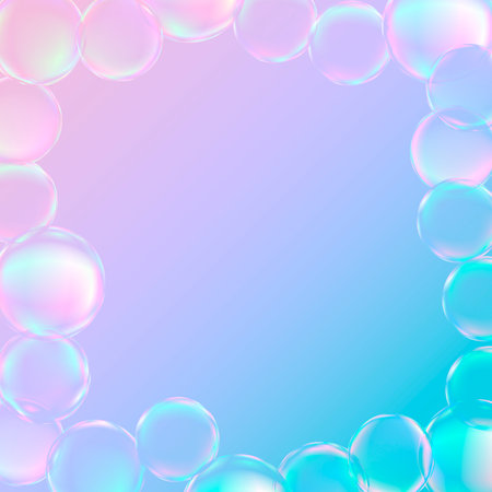 Colorful abstract background with soap bubbles. Space for your text. Soap bubbles floating on a light blue backgroundの写真素材