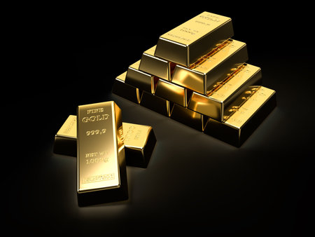 Gold bars on black background. 3D illustration. 3D rendering.の写真素材