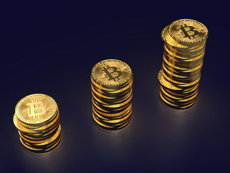 Golden bitcoins on a dark background. 3D rendering. Computer digital drawing.の写真素材