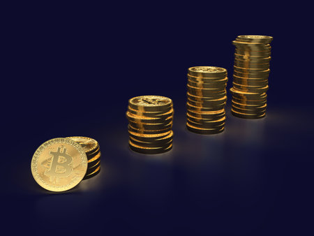 Golden bitcoin stacks on dark blue background. 3D illustration. 3D CG. High resolution.の写真素材
