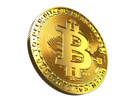 Golden bitcoin isolated on white background. 3D rendering. Computer digital drawing.の写真素材