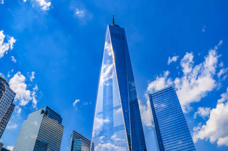 The One World Trade center or Freedom Tower located in New York City. Architectural modern buildings...