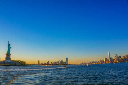 Panoramic view of New York city Buildings and skyscrapers, Cruise view around Lower Manhattan. Iconic view of New York - United states of Americaの写真素材