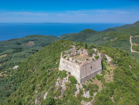Aerial panoramic view of the famous Ali Pascha Castle. Built on a high hill above Anthousa overloking the entire bay of Parga, the ruins of Ali Pasha castle is located 5.5 km away from Parga, Greeceのeditorial素材