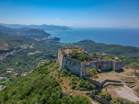 Aerial panoramic view of the famous Ali Pascha Castle. Built on a high hill above Anthousa overloking the entire bay of Parga, the ruins of Ali Pasha castle is located 5.5 km away from Parga, Greeceのeditorial素材