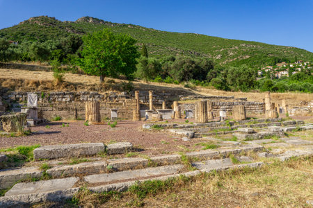 Messini, Greece - June 20 2021: Ruins in the Ancient Messene archeological site, Peloponnese, Greece. One of the best preserved ancient cities in Greece with visible remains dating back further than the 4th century BC.のeditorial素材