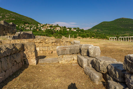 Messini, Greece - June 20 2021: Ruins in the Ancient Messene archeological site, Peloponnese, Greece. One of the best preserved ancient cities in Greece with visible remains dating back further than the 4th century BC.のeditorial素材