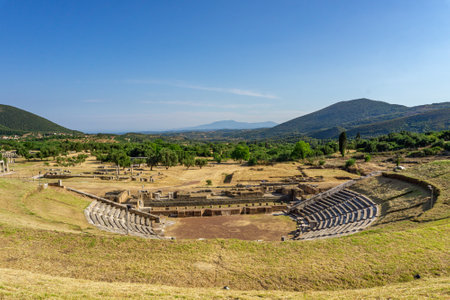Messini, Greece - June 20 2021: Ruins in the Ancient Messene archeological site, Peloponnese, Greece. One of the best preserved ancient cities in Greece with visible remains dating back further than the 4th century BC.のeditorial素材