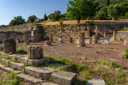 Messini, Greece - June 20 2021: Ruins in the Ancient Messene archeological site, Peloponnese, Greece. One of the best preserved ancient cities in Greece with visible remains dating back further than the 4th century BC.のeditorial素材