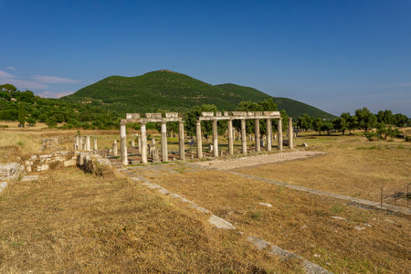 Messini, Greece - June 20 2021: Ruins in the Ancient Messene archeological site, Peloponnese, Greece. One of the best preserved ancient cities in Greece with visible remains dating back further than the 4th century BC.のeditorial素材