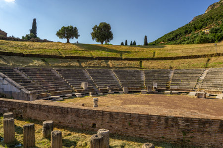 Messini, Greece - June 20 2021: Ruins in the Ancient Messene archeological site, Peloponnese, Greece. One of the best preserved ancient cities in Greece with visible remains dating back further than the 4th century BC.のeditorial素材