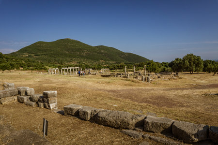 Messini, Greece - June 20 2021: Ruins in the Ancient Messene archeological site, Peloponnese, Greece. One of the best preserved ancient cities in Greece with visible remains dating back further than the 4th century BC.のeditorial素材