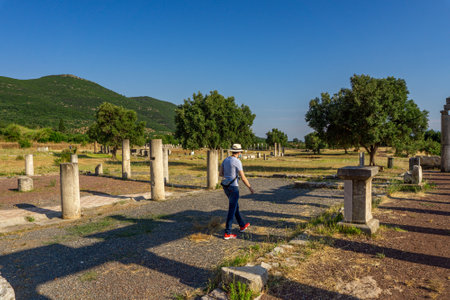 Messini, Greece - June 20 2021: Ruins in the Ancient Messene archeological site, Peloponnese, Greece. One of the best preserved ancient cities in Greece with visible remains dating back further than the 4th century BC.のeditorial素材