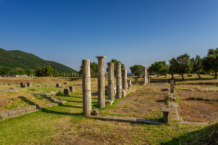 Messini, Greece - June 20 2021: Ruins in the Ancient Messene archeological site, Peloponnese, Greece. One of the best preserved ancient cities in Greece with visible remains dating back further than the 4th century BC.のeditorial素材