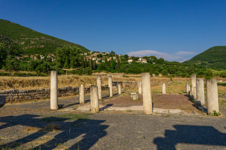 Messini, Greece - June 20 2021: Ruins in the Ancient Messene archeological site, Peloponnese, Greece. One of the best preserved ancient cities in Greece with visible remains dating back further than the 4th century BC.のeditorial素材