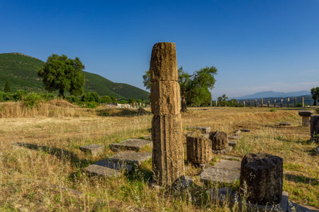 Messini, Greece - June 20 2021: Ruins in the Ancient Messene archeological site, Peloponnese, Greece. One of the best preserved ancient cities in Greece with visible remains dating back further than the 4th century BC.のeditorial素材