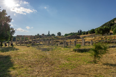 Messini, Greece - June 20 2021: Ruins in the Ancient Messene archeological site, Peloponnese, Greece. One of the best preserved ancient cities in Greece with visible remains dating back further than the 4th century BC.のeditorial素材