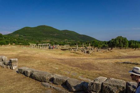 Messini, Greece - June 20 2021: Ruins in the Ancient Messene archeological site, Peloponnese, Greece. One of the best preserved ancient cities in Greece with visible remains dating back further than the 4th century BC.のeditorial素材