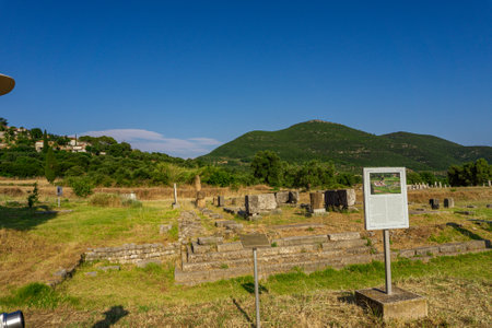 Messini, Greece - June 20 2021: Ruins in the Ancient Messene archeological site, Peloponnese, Greece. One of the best preserved ancient cities in Greece with visible remains dating back further than the 4th century BC.のeditorial素材