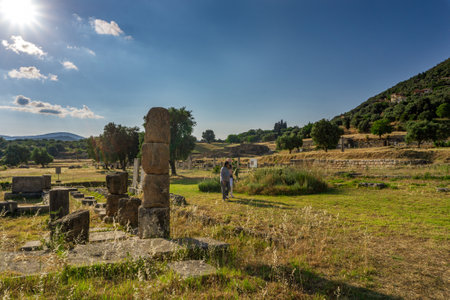 Messini, Greece - June 20 2021: Ruins in the Ancient Messene archeological site, Peloponnese, Greece. One of the best preserved ancient cities in Greece with visible remains dating back further than the 4th century BC.のeditorial素材