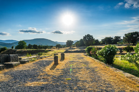 Messini, Greece - June 20 2021: Ruins in the Ancient Messene archeological site, Peloponnese, Greece. One of the best preserved ancient cities in Greece with visible remains dating back further than the 4th century BC.のeditorial素材