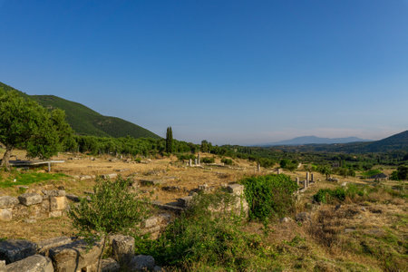Messini, Greece - June 20 2021: Ruins in the Ancient Messene archeological site, Peloponnese, Greece. One of the best preserved ancient cities in Greece with visible remains dating back further than the 4th century BC.のeditorial素材