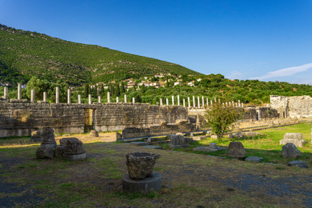 Messini, Greece - June 20 2021: Ruins in the Ancient Messene archeological site, Peloponnese, Greece. One of the best preserved ancient cities in Greece with visible remains dating back further than the 4th century BC.のeditorial素材