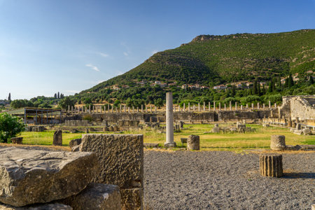 Messini, Greece - June 20 2021: Ruins in the Ancient Messene archeological site, Peloponnese,...