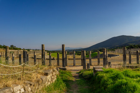 Messini, Greece - June 20 2021: Ruins in the Ancient Messene archeological site, Peloponnese, Greece. One of the best preserved ancient cities in Greece with visible remains dating back further than the 4th century BC.のeditorial素材