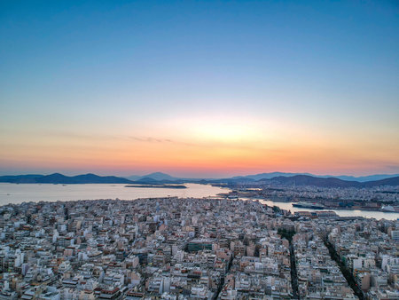 Aerial panorama view over Marina Zeas, Peiraeus city, Greece at sunsetのeditorial素材
