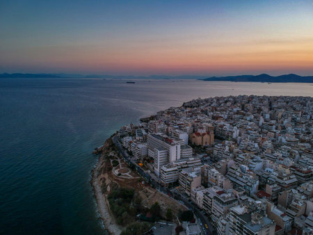 Aerial panorama view over Marina Zeas, Peiraeus city, Greece at sunsetのeditorial素材