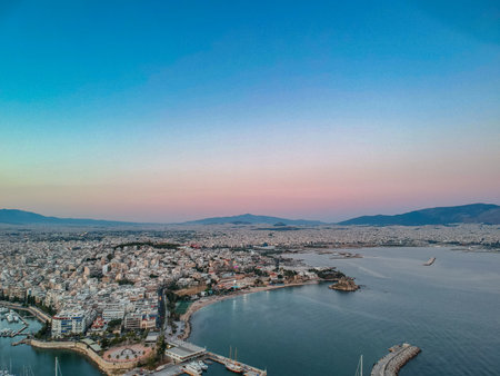 Aerial panorama view over Marina Zeas, Peiraeus city, Greece at sunsetのeditorial素材