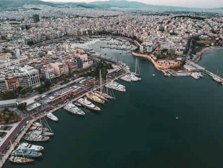 Aerial panorama view over Marina Zeas, Peiraeus city, Greece at sunsetのeditorial素材