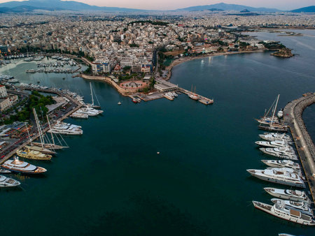 Aerial panorama view over Marina Zeas, Peiraeus city, Greece at sunsetのeditorial素材