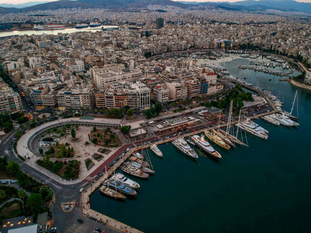 Aerial panorama view over Marina Zeas, Peiraeus, Greece at sunsetのeditorial素材