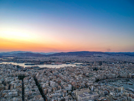 Aerial panorama view over Marina Zeas, Peiraeus city, Greece at sunsetのeditorial素材